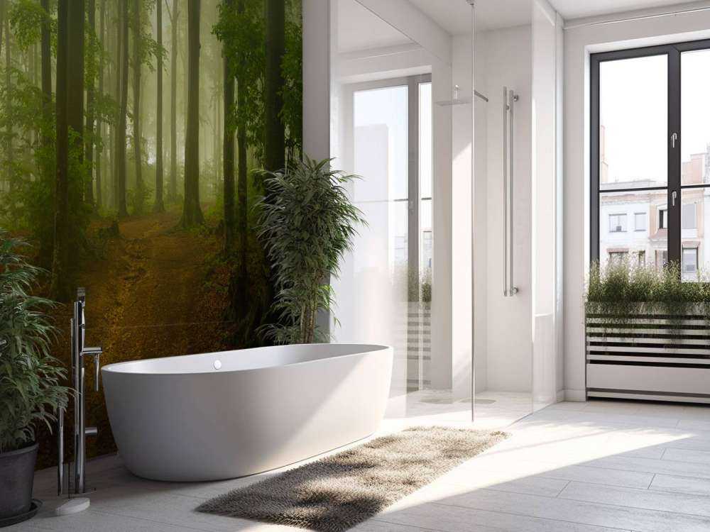 Ścieżka przez mglisty, zielony las