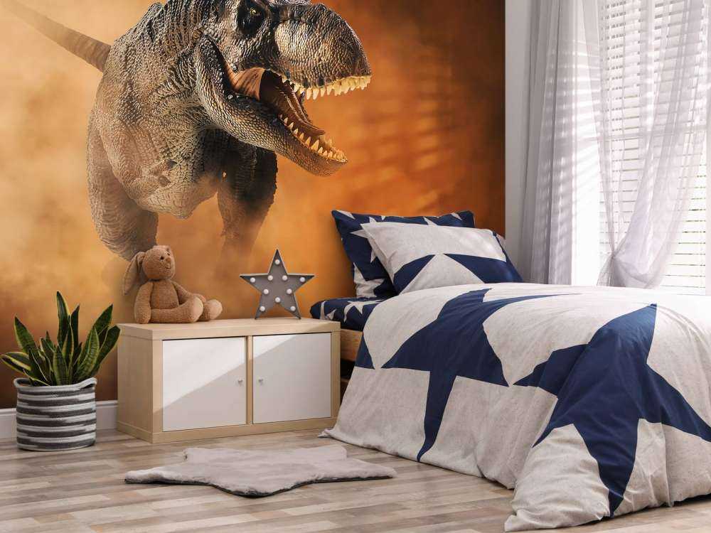 Tyranozaur idący przez dym