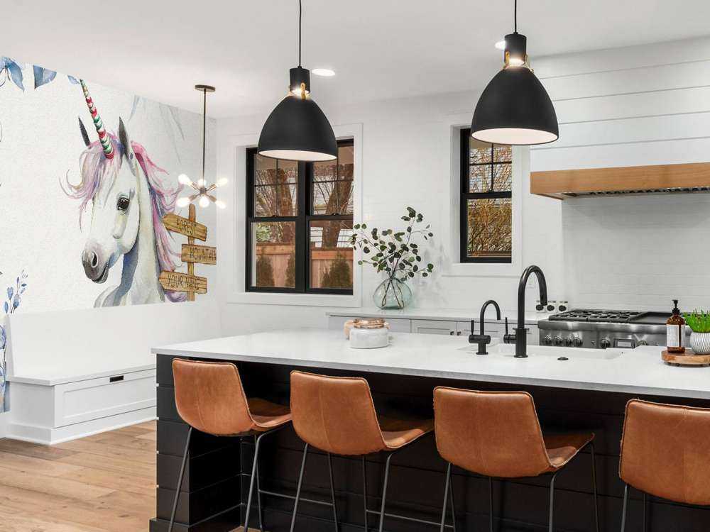 Mały jednorożec z roślinami niebieski