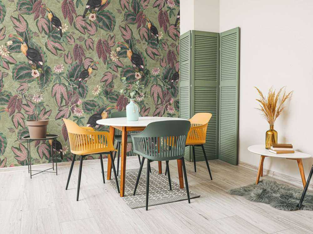 Tropikalne ptaki i tukany z dżungli - szałwiowy zielony