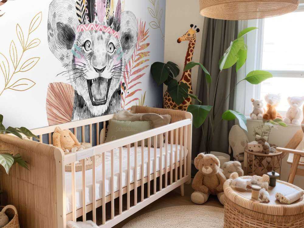 Mała lwica z koralowym różem i złotymi liśćmi