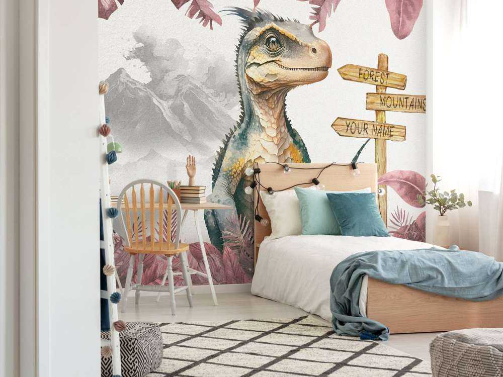 Młody velociraptor w różowej dżungli