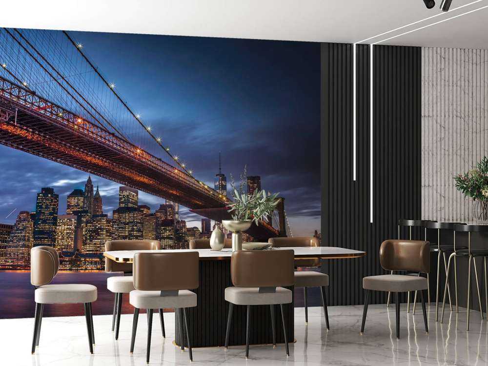 Brooklyn Bridge and lower Manhattan skyline at dusk, New York