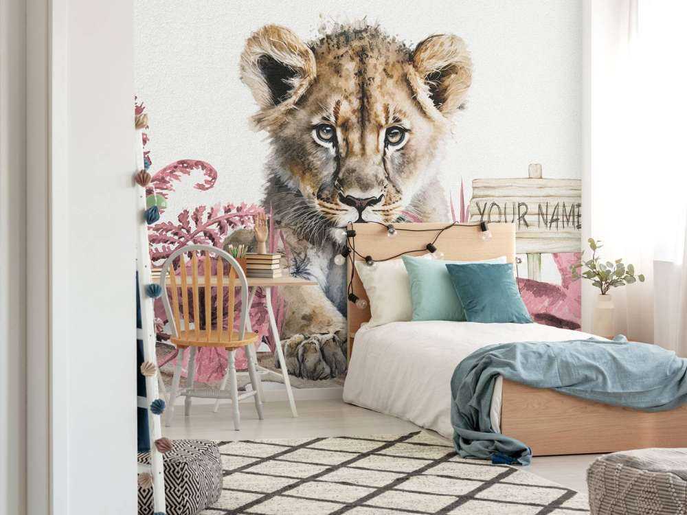 Młody lew w dżungli w kolorze różowym