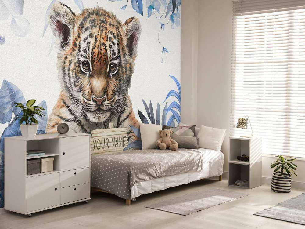 Śliczny tygrys z roślinami w kolorze niebieski