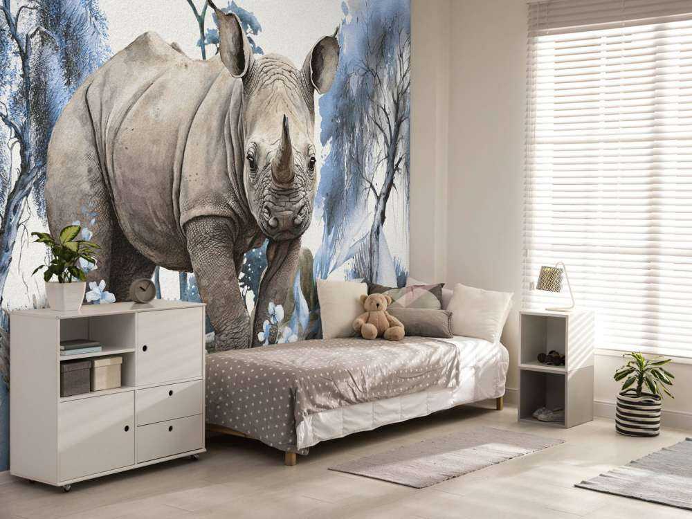 Mały nosorożec na sawannie w kolorze niebieskim