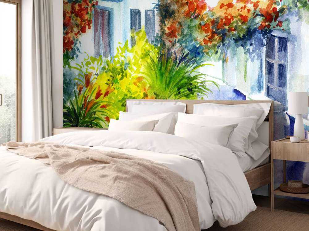 Akwarelowe kwiaty i budynki