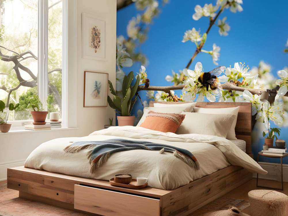 Trzmiel z białymi kwiatami