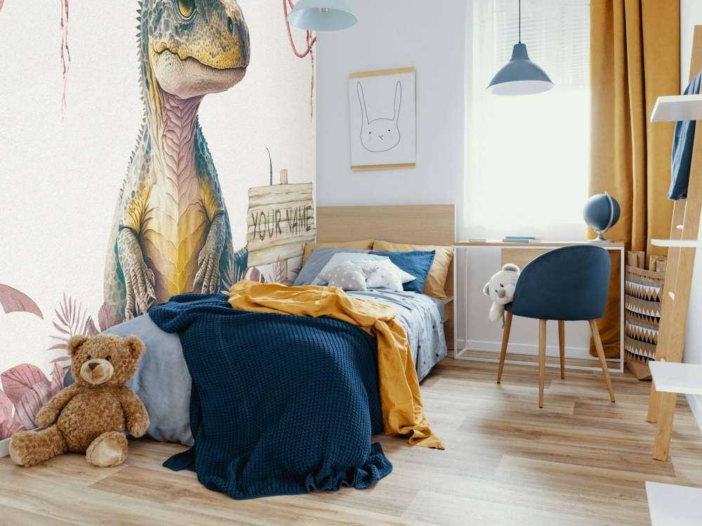 Młody t-rex w różowej dżungli