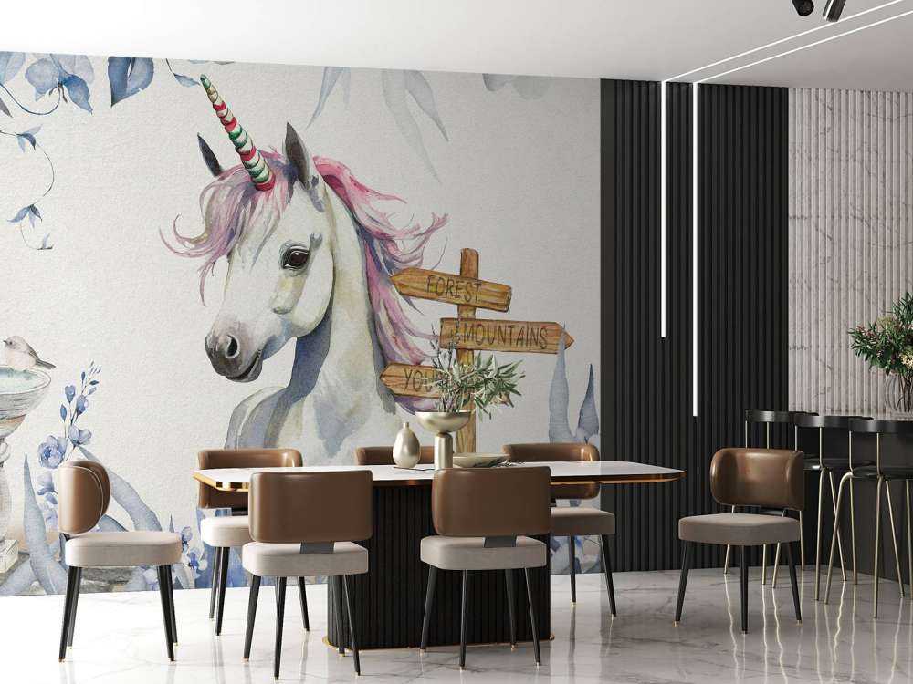 Mały jednorożec z roślinami niebieski