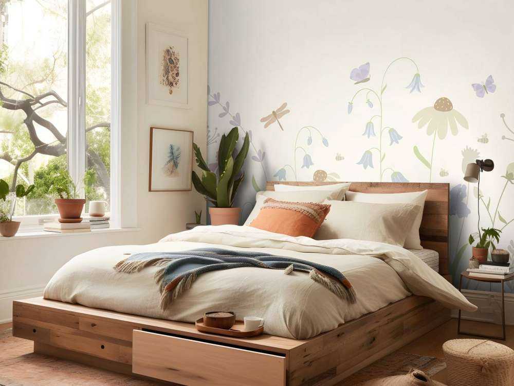 Wysokie pole kwiatowe z motylami beżowy, stary róż, zielony i liliowy