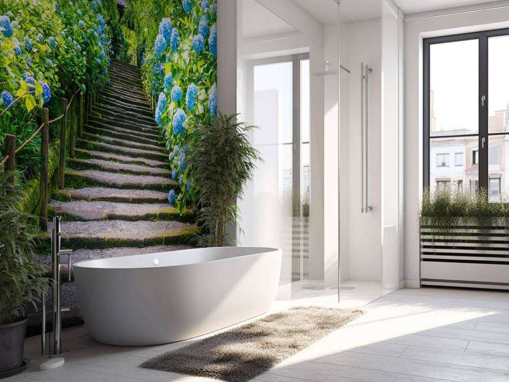 Schody między hortensjami