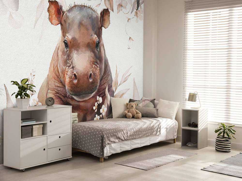 Mały hipopotam w liściach w kolorze beżowym