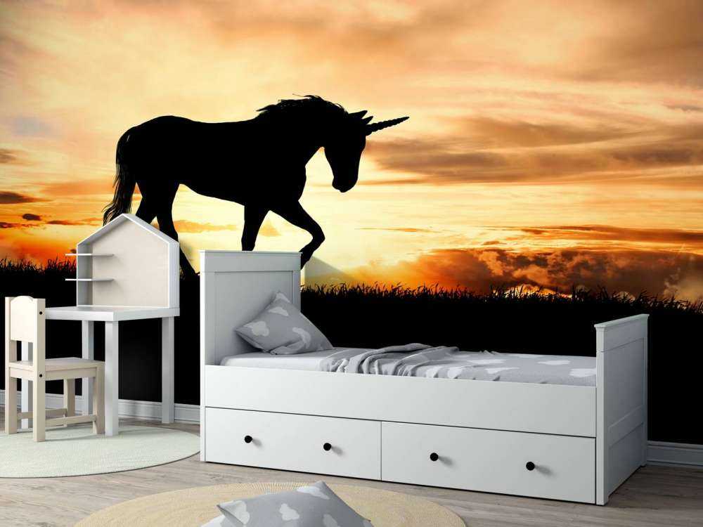 Sylwetka jednorożca przy zachodzie słońca