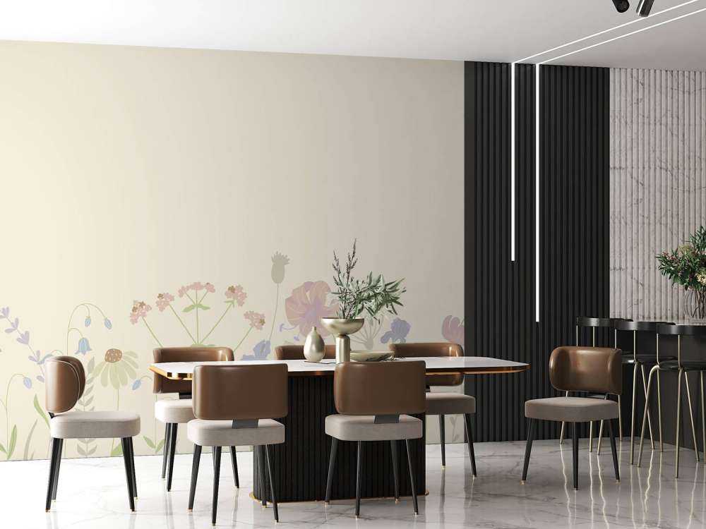 Pole kwiatów beżowych, starych różowych, zielonych i liliowych