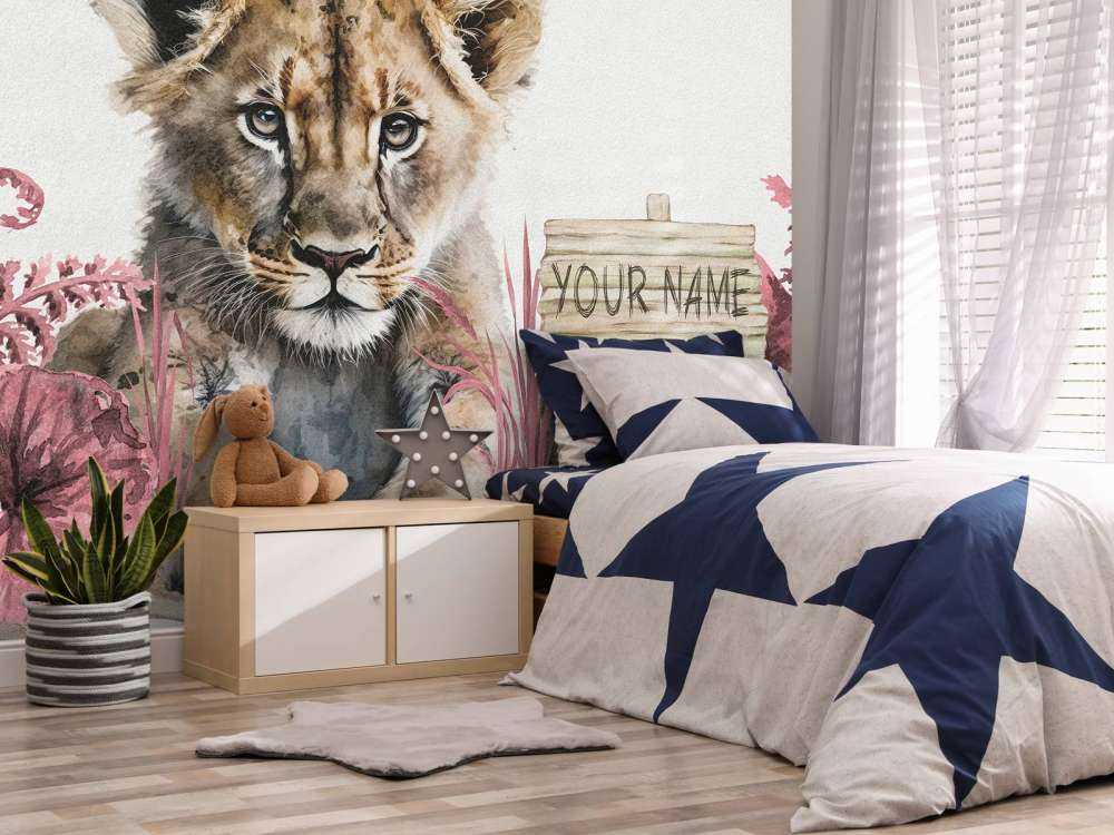 Młody lew w dżungli w kolorze różowym