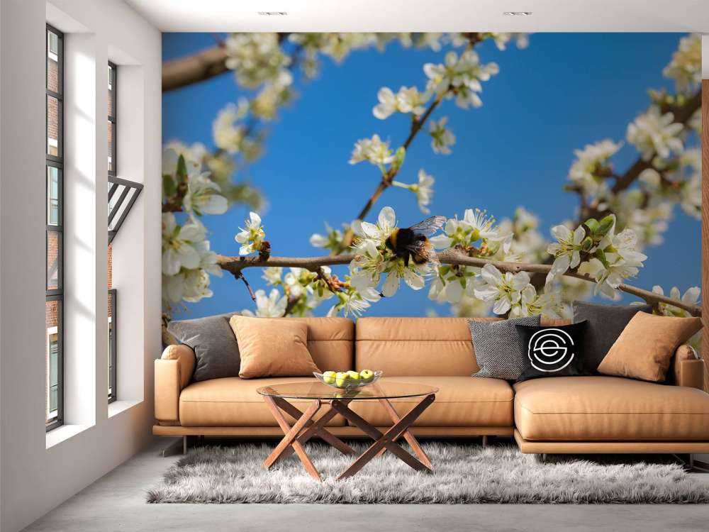 Trzmiel z białymi kwiatami