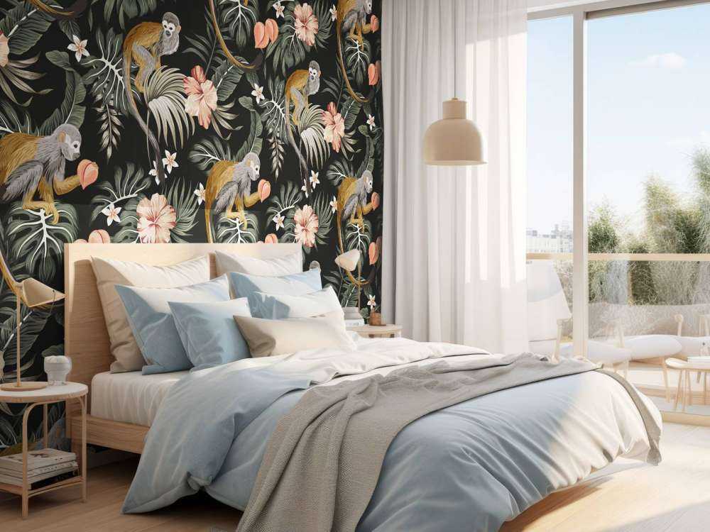 Liście tropikalne z małpami