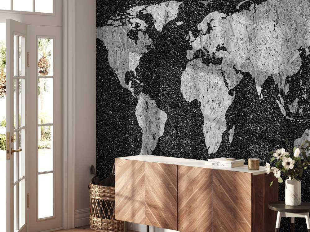 Biała mapa świata na czarnym tle