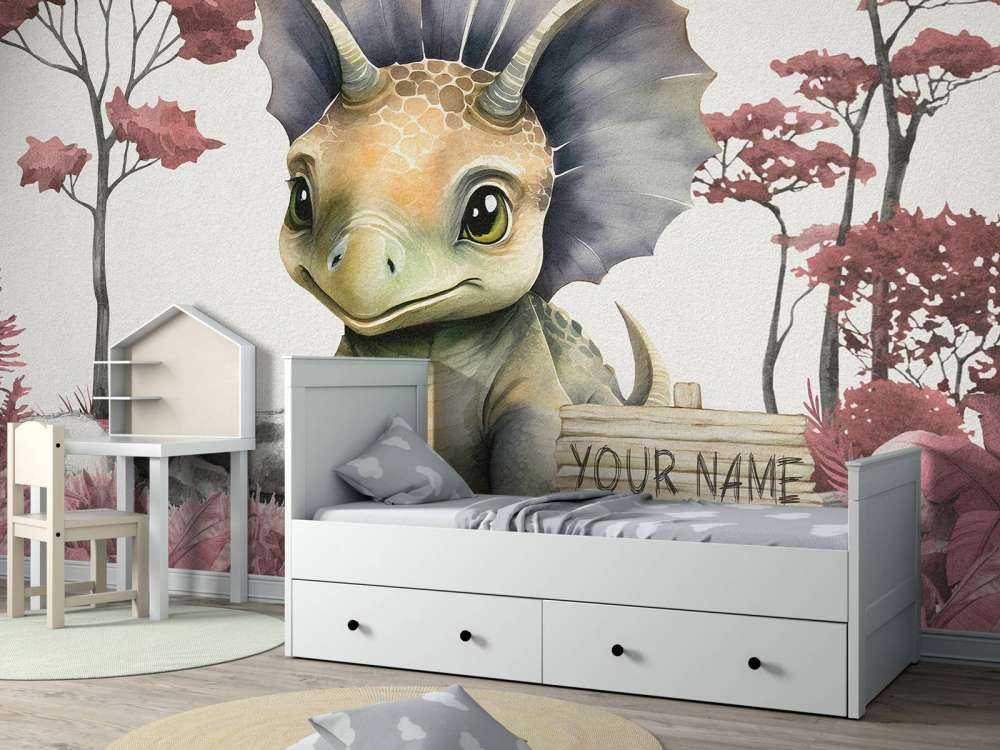 Młody triceratops w różowej dżungli