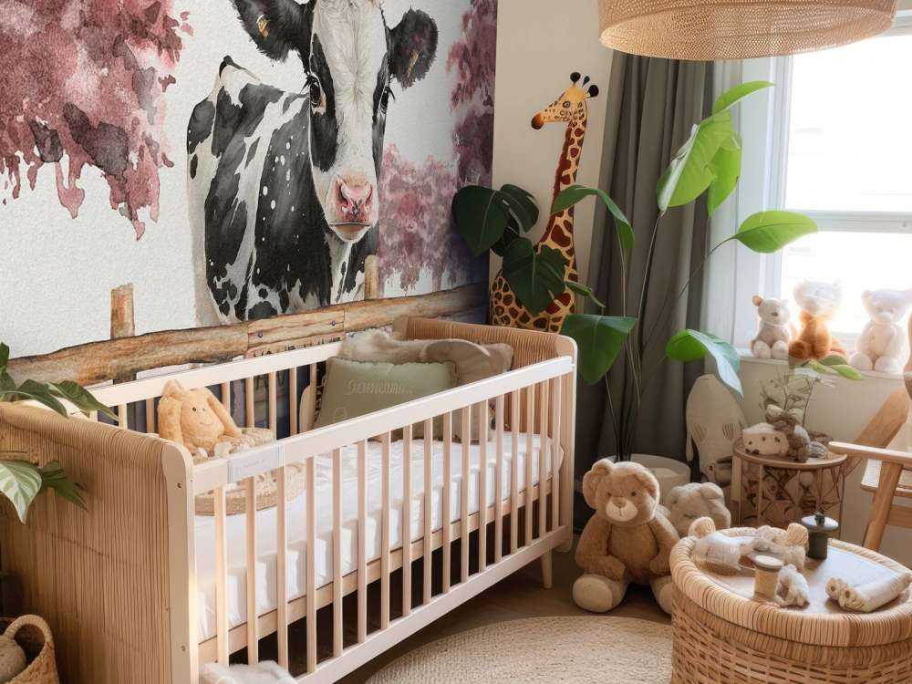 Młoda krowa na łące różowa