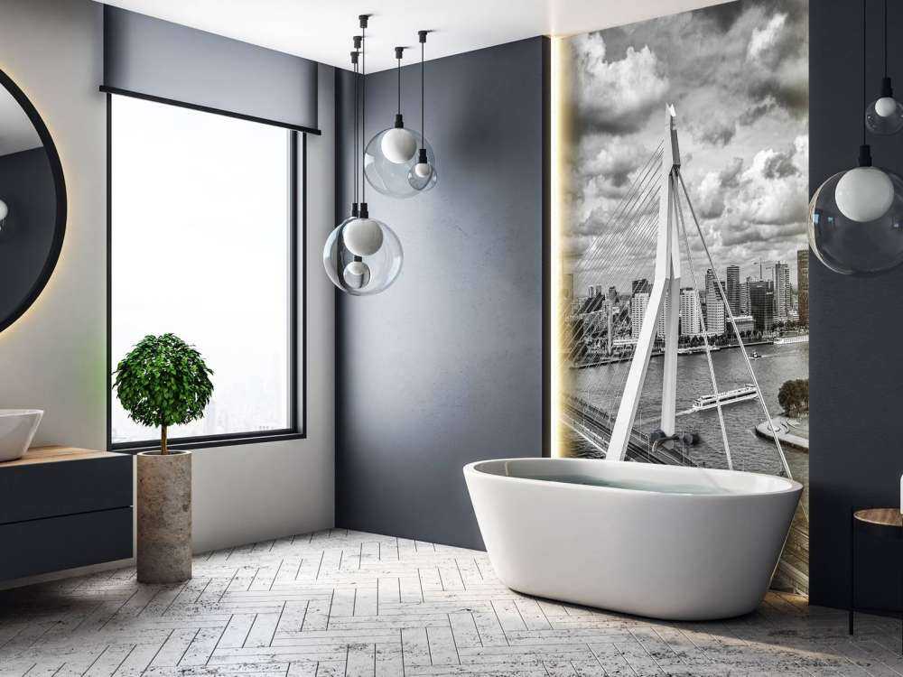 Centrum Rotterdamu z dużej wysokości w czerni i bieli 