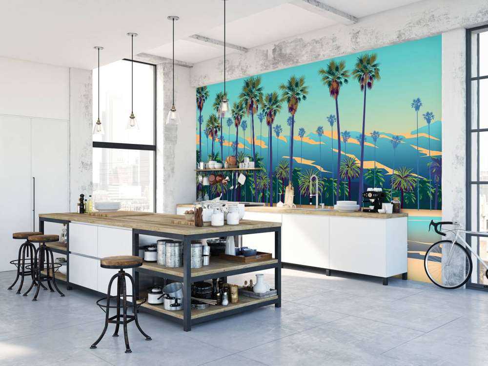 Narysowane jezioro z palmami