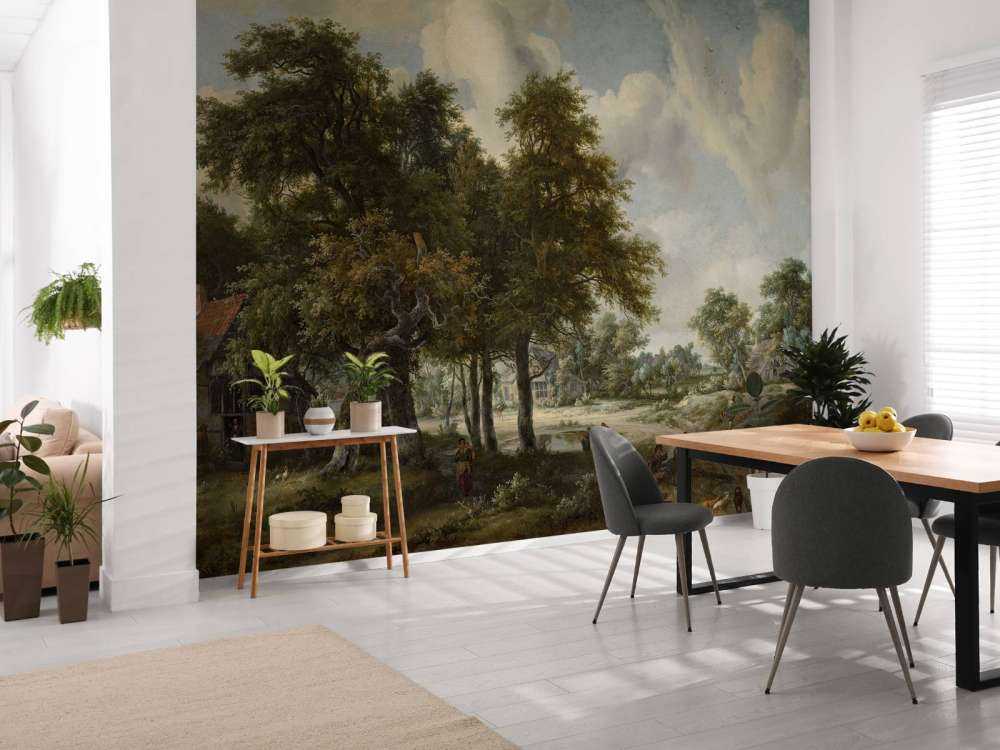 Krajobraz leśny z zabudowaniami gospodarczymi