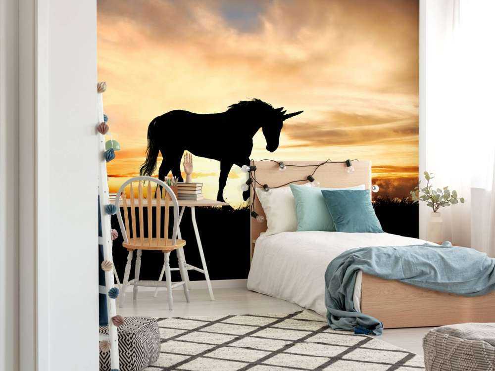 Sylwetka jednorożca przy zachodzie słońca