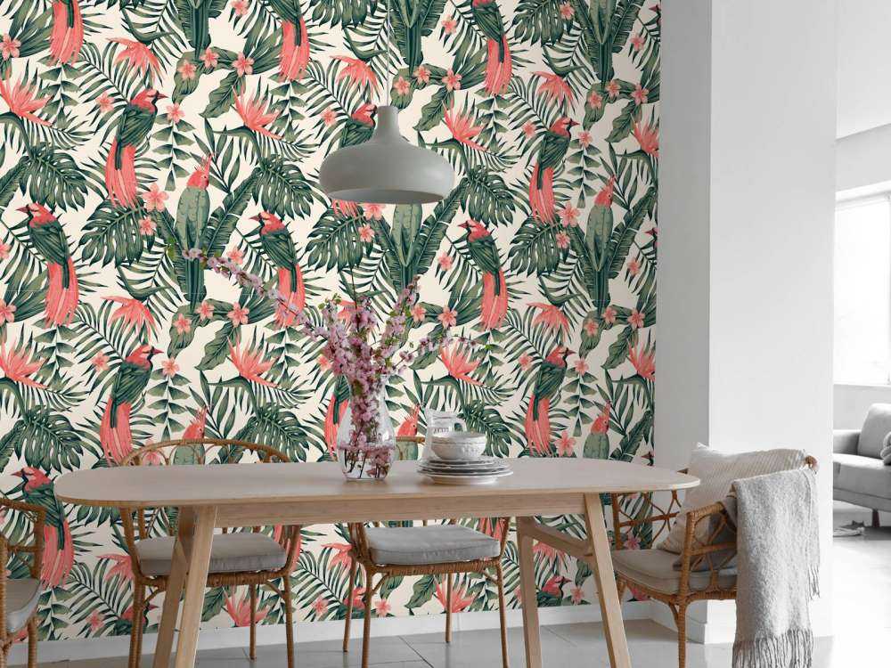 Rośliny tropikalne, kwiaty i ptaki