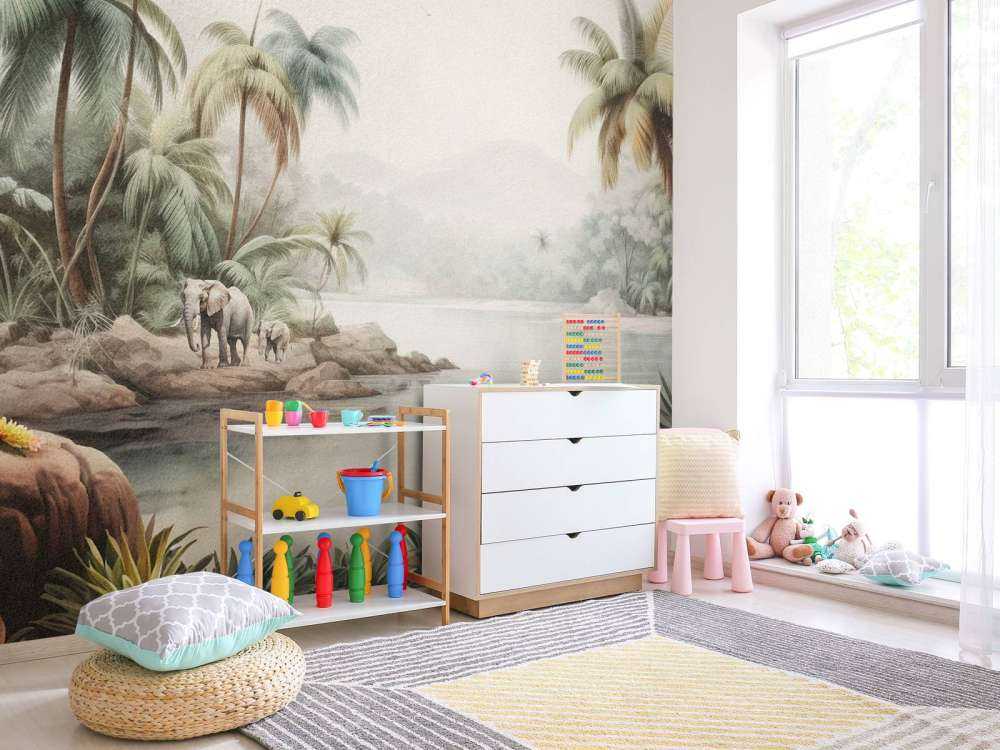 Krajobraz dżungli ze zwierzętami w kolorze