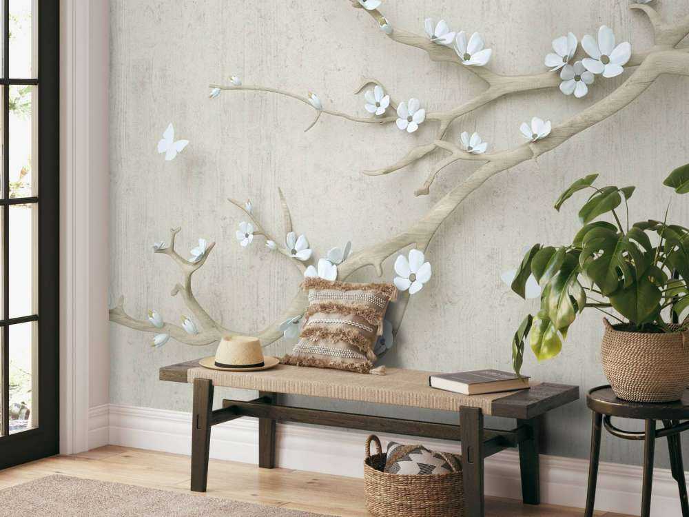 Gałązka z białymi kwiatami na drewnianym tle