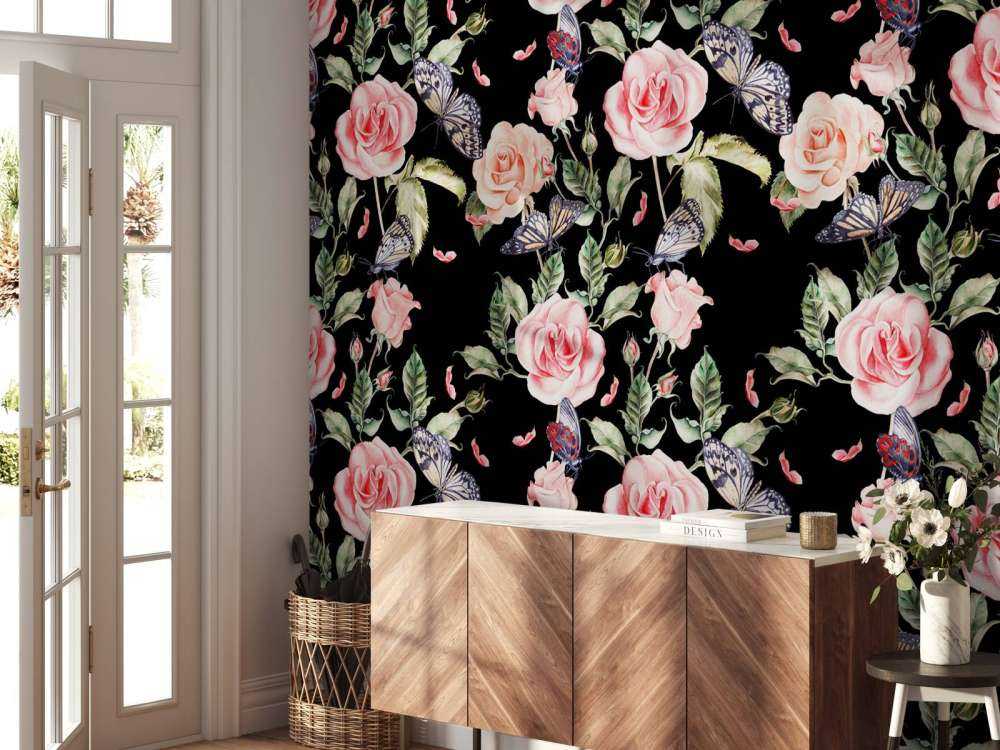 Kwiaty i motyle w akwareli.