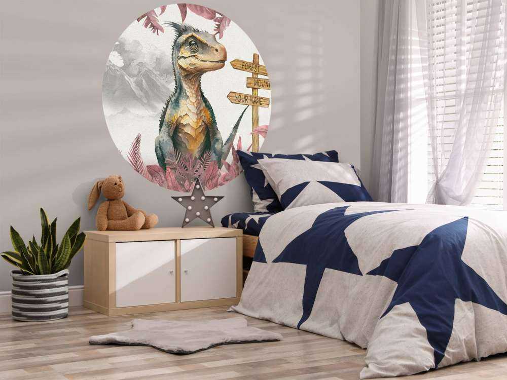 Młody velociraptor w różowej dżungli