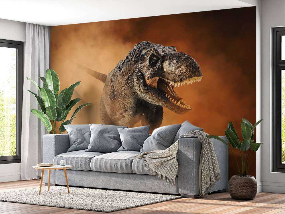 Tyranozaur idący przez dym