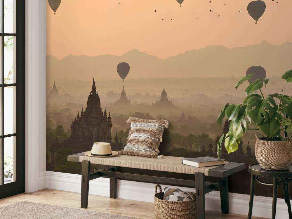 Bagan, balloons flying over ancient temples