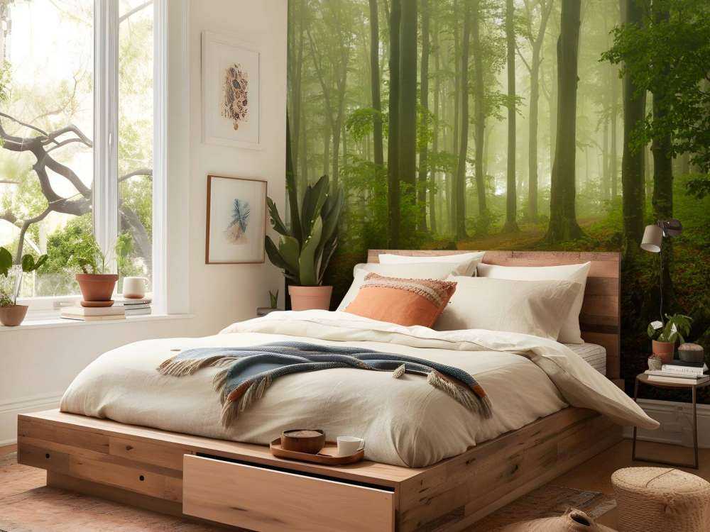 Ścieżka przez mglisty, zielony las