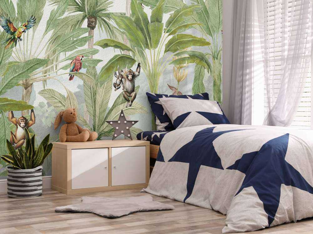 Dżungla z małpami i papugami w kolorze