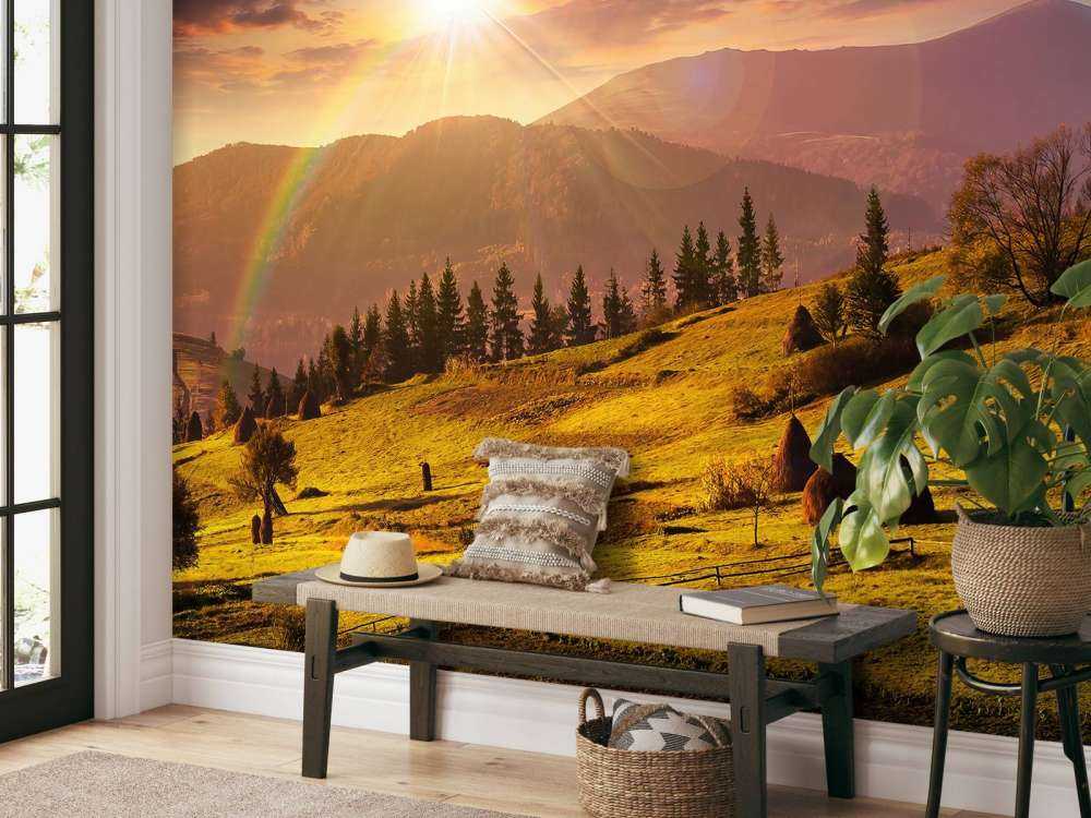 Stogi siana w górskim krajobrazie