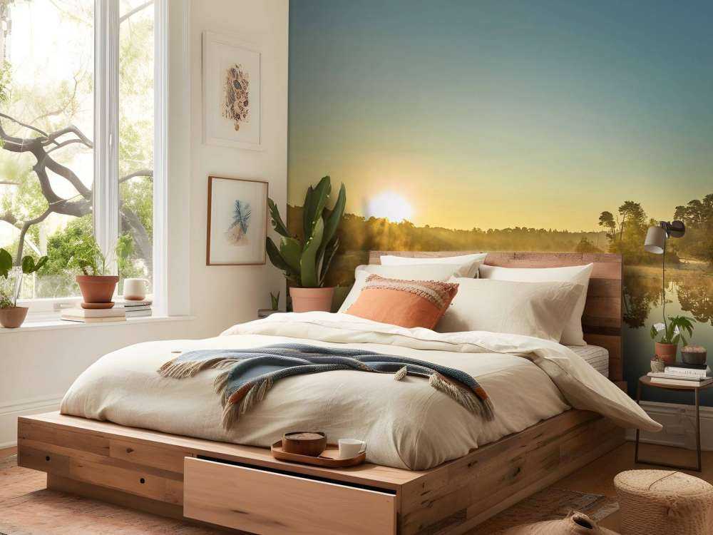 Wschód słońca nad jeziorem leśnym