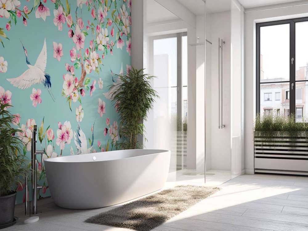 Żurawie pomiędzy różowymi kwiatami