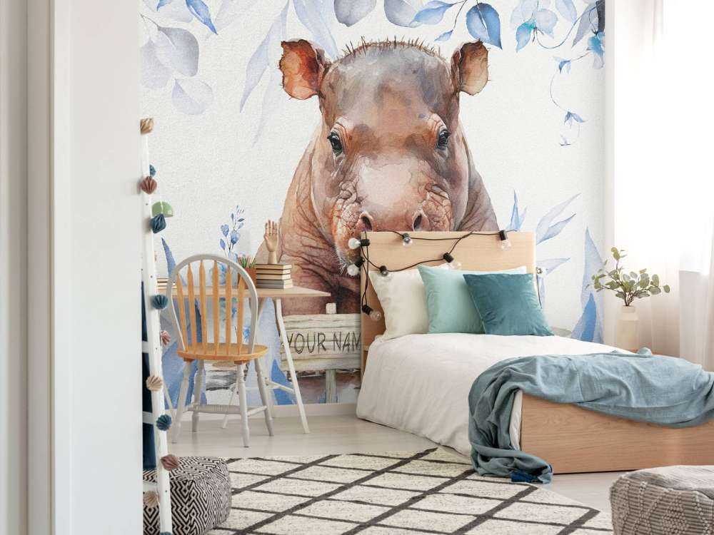 Mały hipopotam w liściach w kolorze niebieskim