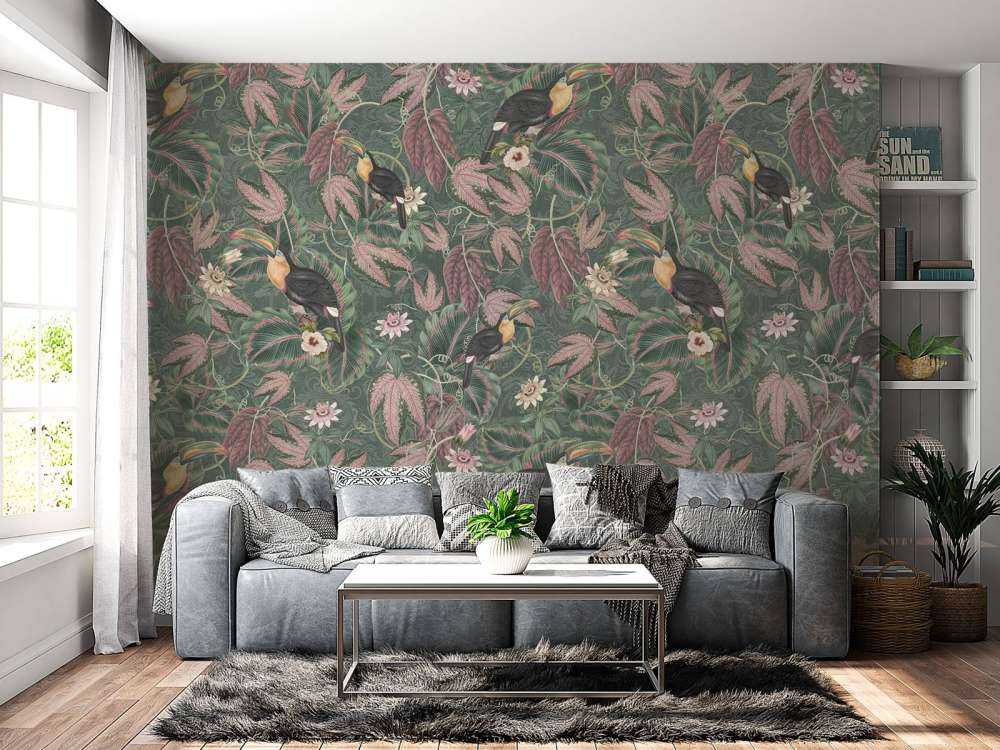 Ptaki i tukany z tropikalnej dżungli - ciemnozielony