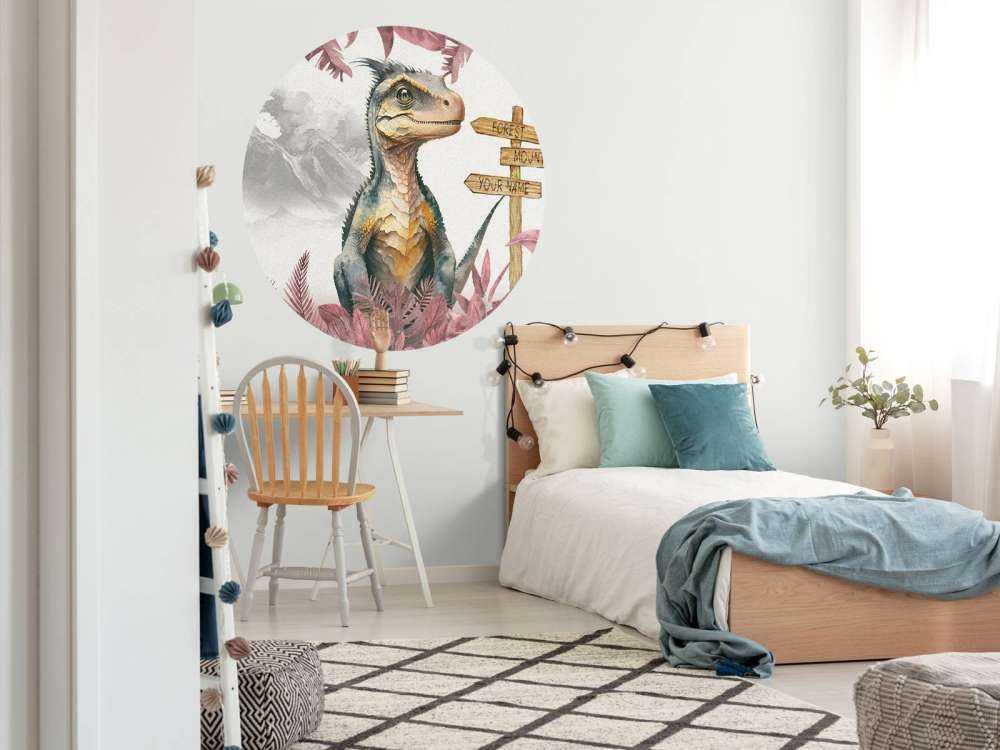 Młody velociraptor w różowej dżungli