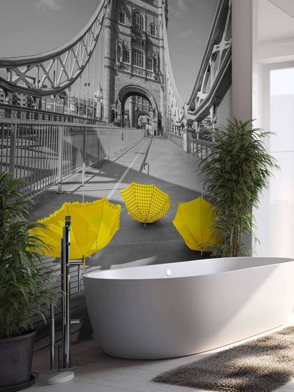 Żółte parasolki na moście wieżowym