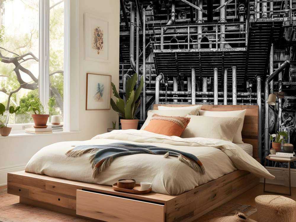 Stara fabryka przemysłowa w czerni i bieli