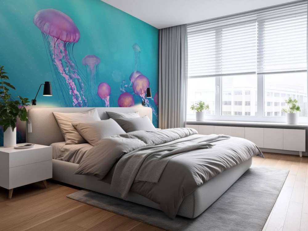 Różowe meduzy w niebieskim morzu