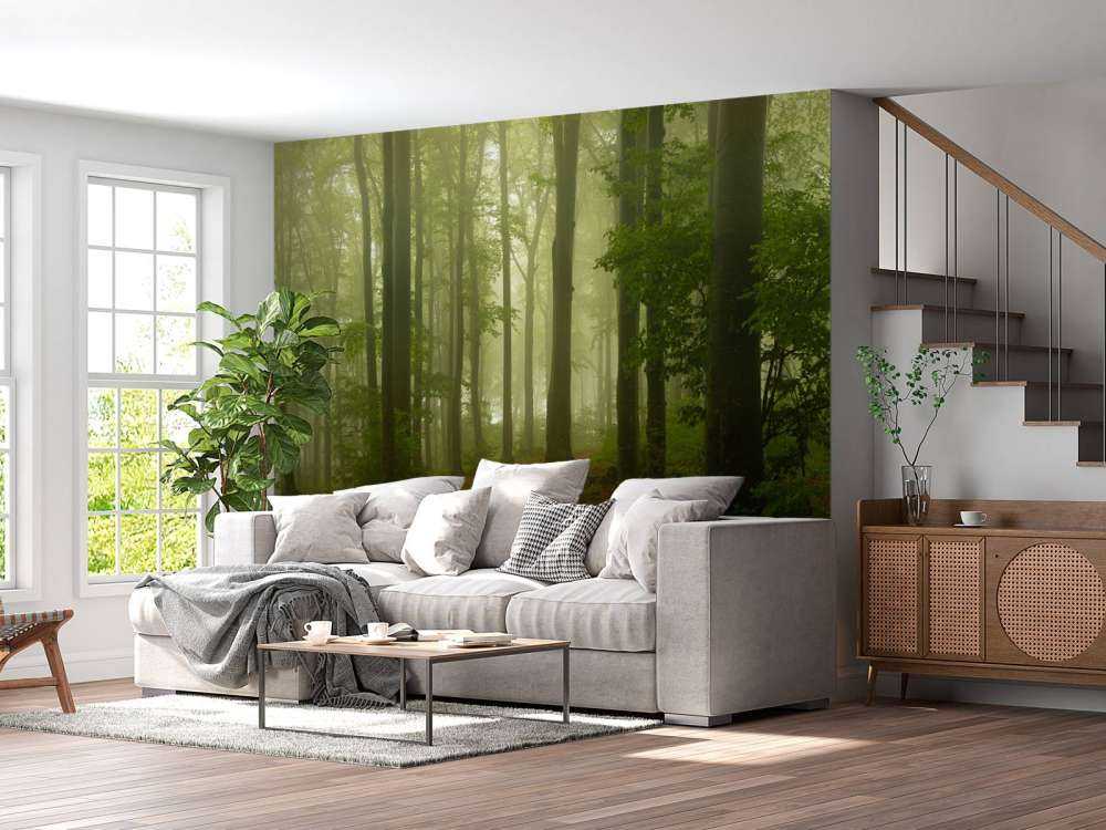 Ścieżka przez mglisty, zielony las