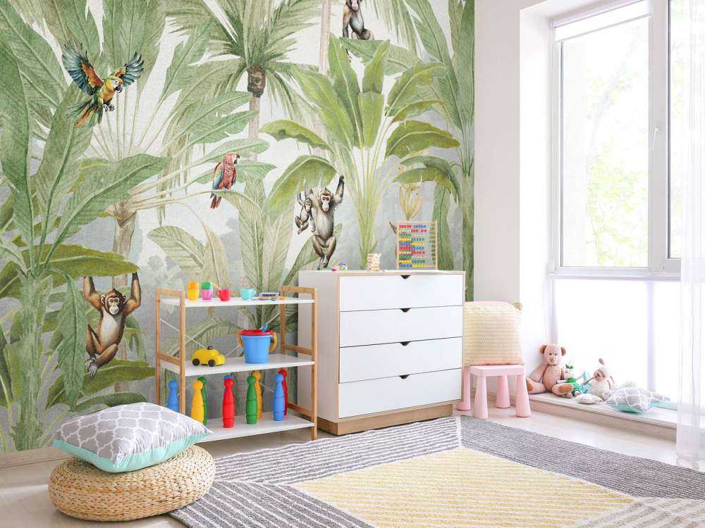 Dżungla z małpami i papugami w kolorze