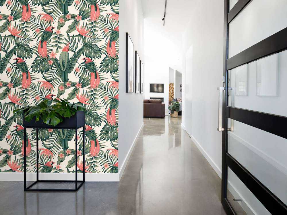 Rośliny tropikalne, kwiaty i ptaki